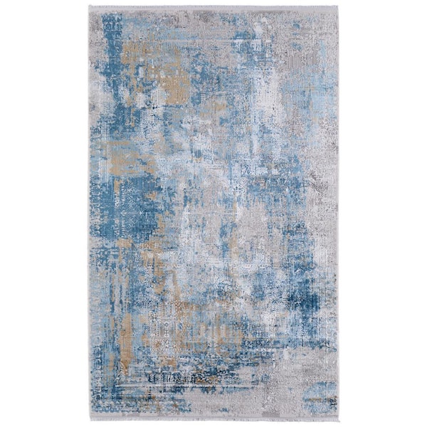 13 ft. x 20 ft. Blue Gold and Gray Abstract Power Loom Area Rug with Fringe