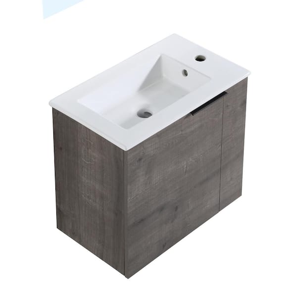 JimsMaison 22 in. W x 13 in. D x 20 in. H Bath Vanity in Grey Oak with White Ceramic Top