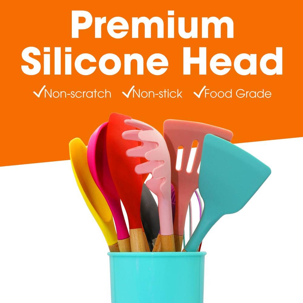 Cheer Collection 12 Piece Multicolor Silicone Spatula Set with Wooden Handles