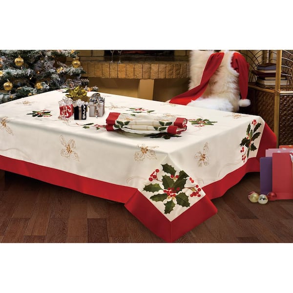 CHI Holiday 54 in. x 72 in. Holly Berries Embroidered Rectangular Tablecloth with Red Trim Border