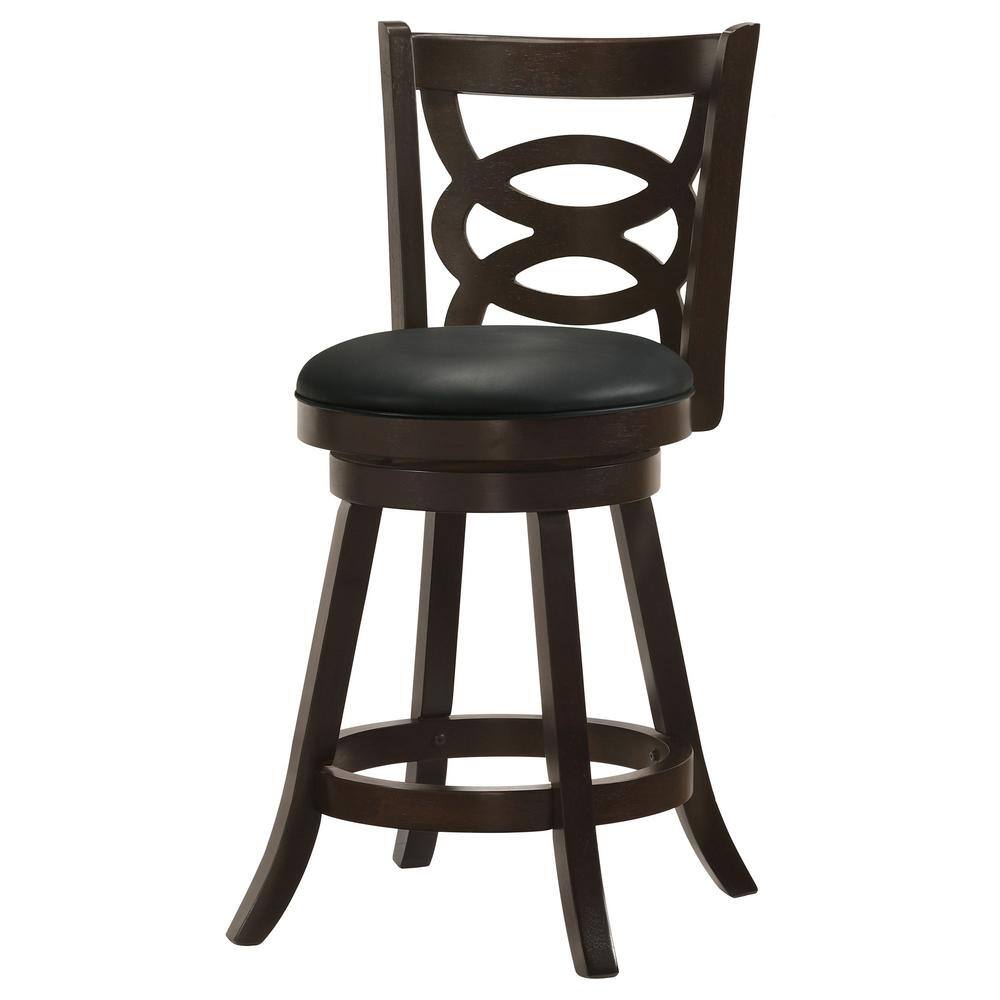 Elegante Swivel 37.5" Black Leather and Wood Counter Stool
