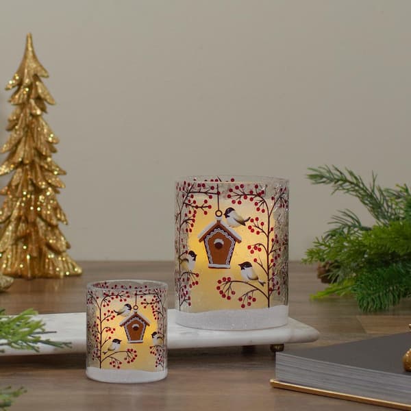 3 in. Red Hand Painted Sparrows and Berries Flameless Glass Christmas  Candle Holder
