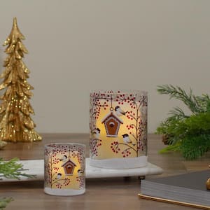 5 in. Red Hand Painted Sparrows and Berries Flameless Glass Christmas Candle Holder