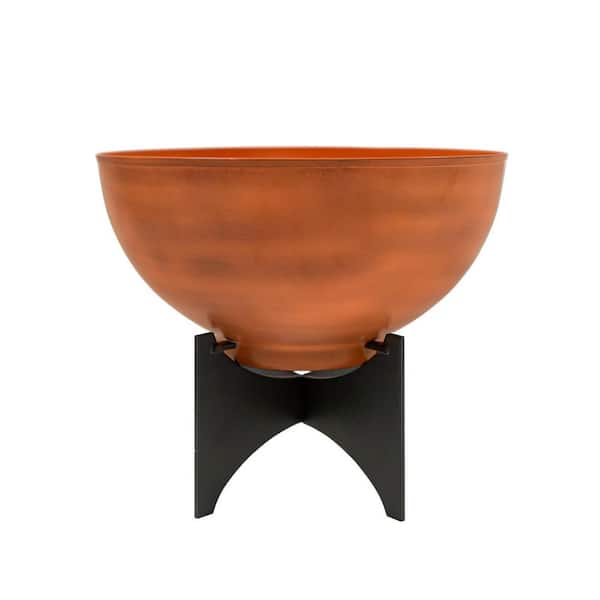 16in.W x 13.75in.H, Round Burnt Sienna Galvanized Steel Planter Bowl w/Black Wrought Iron Plant Stand Indoor Outdoor Use