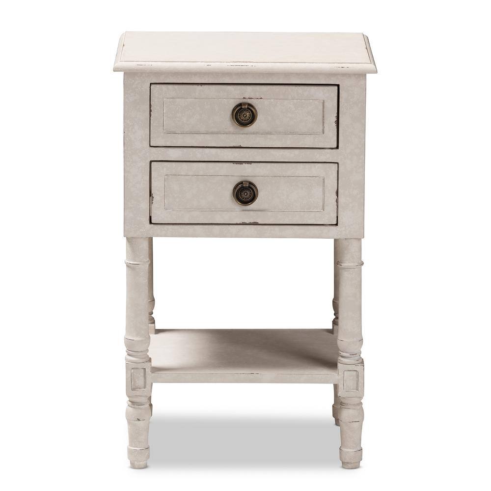 Whitewashed Farmhouse Charm 2-Drawer Nightstand with Bronze Pulls
