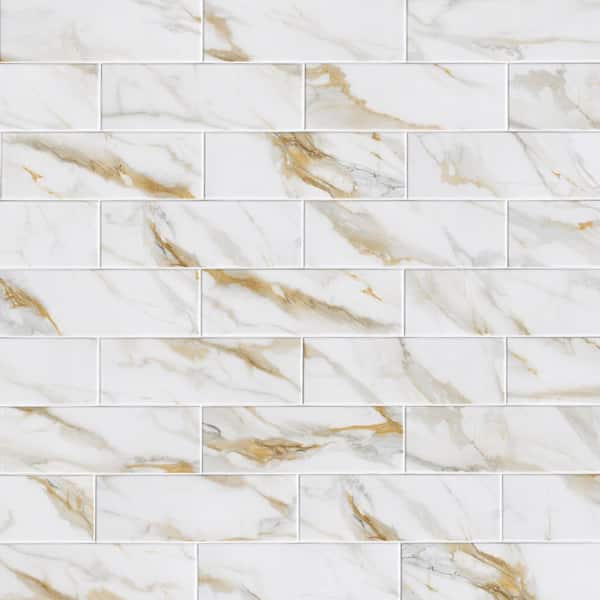 Calcatta Gold Matte White and Gold Porcelain Marble Look Subway Tile 4 in. x 12 in., Floor and Wall (4.99 sq. ft./Case)