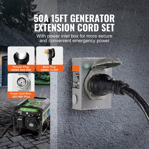 Generator Cord Kit, 15 ft. STW, 50 Amps, 125 V, 14-50 Plug Configuration, Generator Extension Cord, ETL Listed