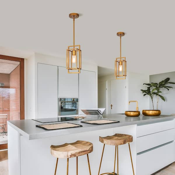 1-Light Vintage Brushed Gold Island Pendant Modern Geometric Cage Pendant Light Classic Antique Brass Foyer Light