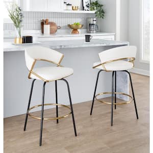 Jie 25.75 White Faux Leather, Black Metal, and Gold Metal Fixed-Height Metal Counter Stool (Set of 2)