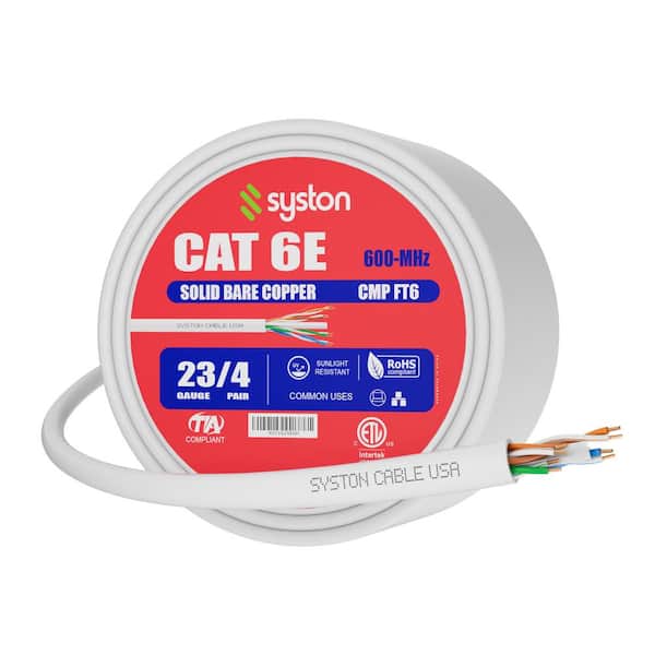 Syston Cable Technology 50 ft. White CMP(Plenum Rated) Cat 6e 600 MHz 23 AWG Solid Bare Copper Ethernet Network Cable Data Wire - Bulk No Ends