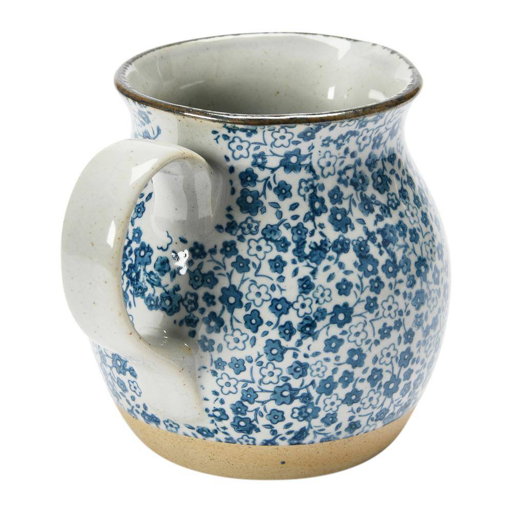 Blue and White Hand-Painted Stoneware Floral Pitcher, 6.25"