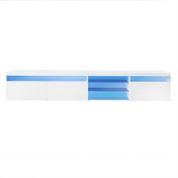 Clihome Unique Design White TV Stand with 2-Glass Shelves for and LED Color Changing Lights Fits TVs Up to 105 in.