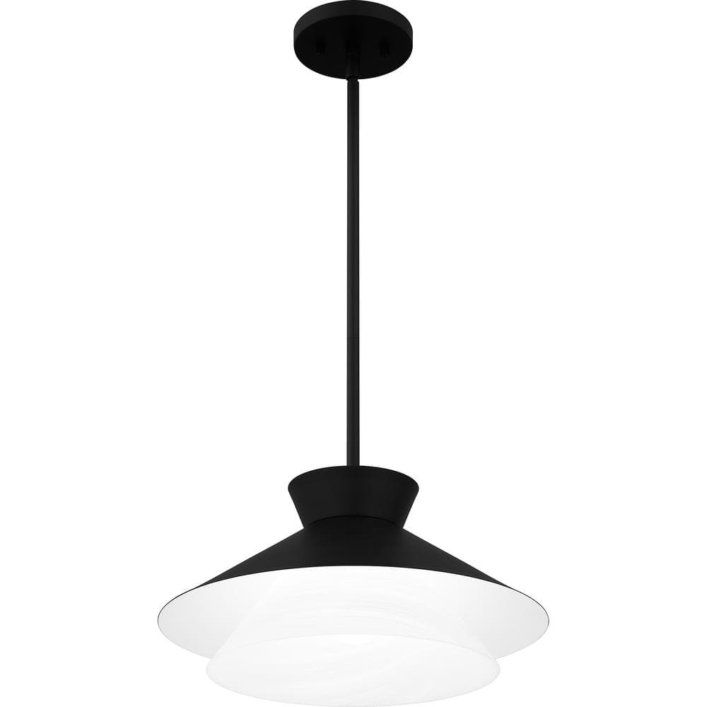 Lionel Matte Black Drum Pendant Light with Alabaster Glass Shade