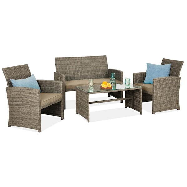 Best Choice Products Taupe 4-Pieces Wicker Patio Conversation Set with Desert Cushions, 4 Seats, Tempered Glass Table Top