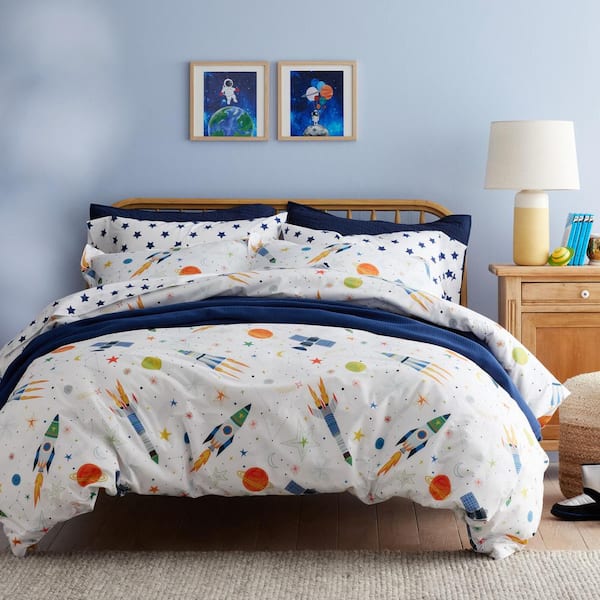 The Company Store Company Kids Outerspace White Multi Organic Cotton Percale Full Sheet Set 51336L F WHI MULTI