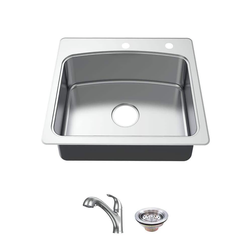 Glacier Bay All-in-1-Drop-In Stainless Steel 25 in. 2-Hole Single Bowl Kitchen Sink with Pull-Out Faucet, Silver