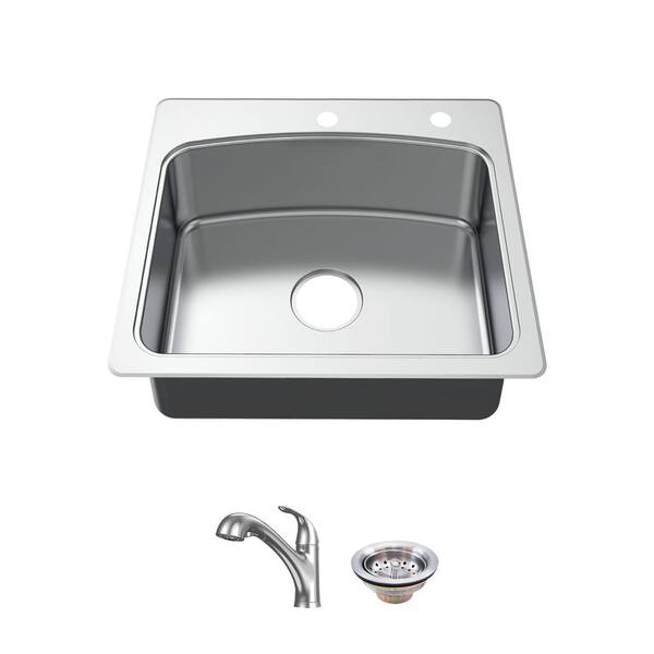 All-in-One Dual Mount 18-Gauge Stainless Steel 25 in. 2-Hole Single Bowl Kitchen Sink with Pull-Out Kitchen Faucet All-in-One Dual Mount 18-Gauge Stainless Steel 25 in. 2-Hole Single Bowl Kitchen Sink with Pull-Out Kitchen Faucet