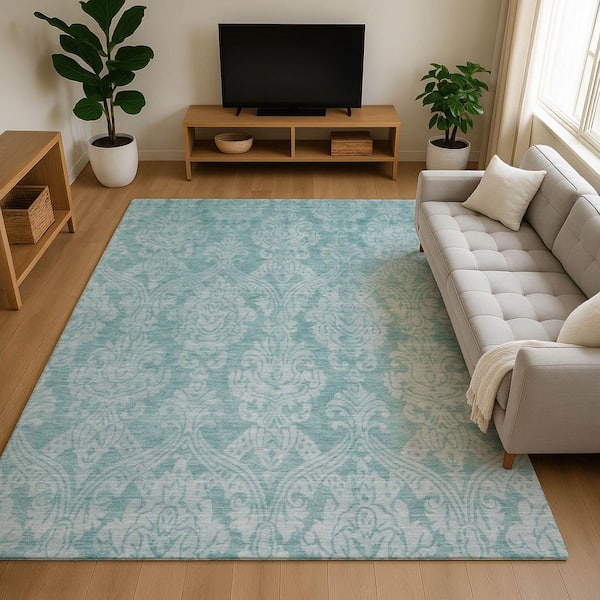 Mayfield Premium Machine Washable Abstract AMF1659 Aqua 5 ft. x 7 ft. 6 in. Area Rug