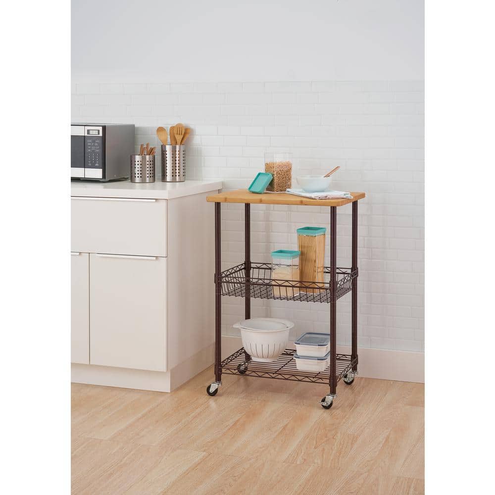 24" Dark Bronze Steel Kitchen Cart with Bamboo Top and Adjustable Storage
