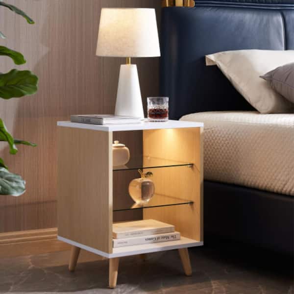 Clihome Natural Wood 3-Color LED Nightstand Modern Bedside Table Nightstand with 2-Glass Shelves