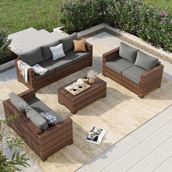 ELPOSUN 4-Piece 7 Seat Wicker Outdoor Patio Conversation Deep Seating Sofa Set with Gray Cushions, Loveseat, Storage Box