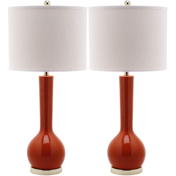 SAFAVIEH Mae 30.5 in. Blood Orange Long Neck Ceramic Table Lamp with Off-White Shade (Set of 2)
