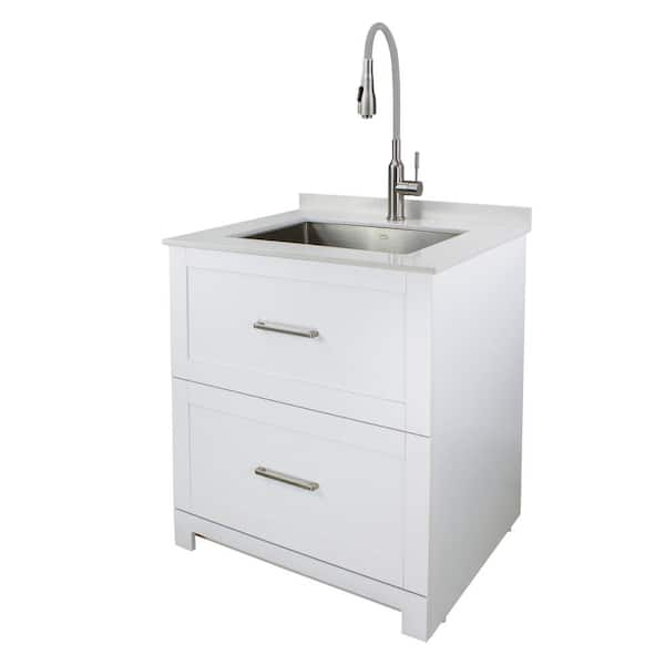 Transolid All-in-One 29 in. x 25.5 in. Stainless Steel Quartz Undermount Laundry/Utility Sink and Cabinet with Faucet in White