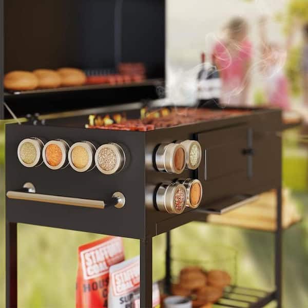 8 Magnetic Spice Shelf Set Black Wall Mount Transparent Window Herb Jars with Labels Strong Magnet Back