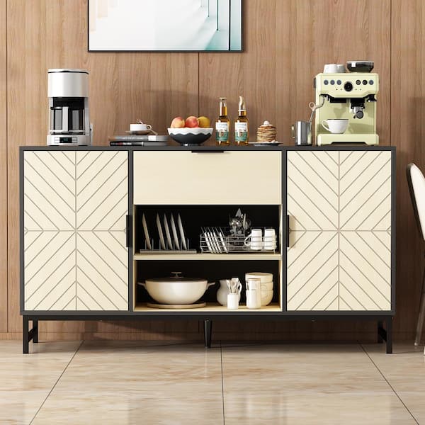 WIAWG Wood Color Modern 55.1 in. W Sideboard Kitchen Cabinet With Drawer, Doors and Adjustable Shelves