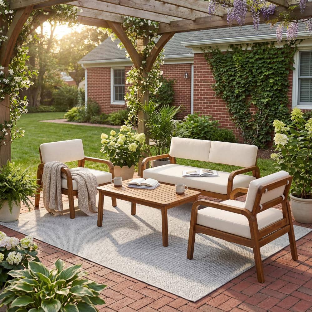 4-Piece Teak Finish Outdoor Patio Sofa Set with Soft Cushions price history on PriceWatchPro