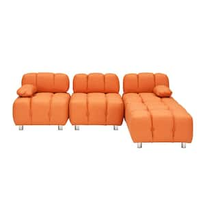 88.97 in. Wide Pillow Top Arm Faux Leather L-Shaped Modern Upholstered Sofa in Orange