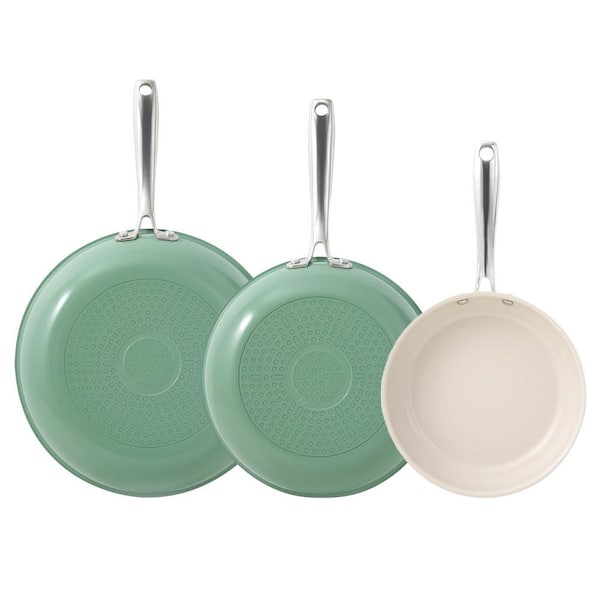 Kitchen Tools Nonstick Ceramic Saute Pan Set 8 9, 11 in. Green Aluminum Rapid Heat with Stainless Handle and Lid 3 Piece
