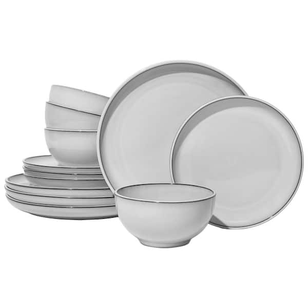 12-Piece Moonstone White Stoneware Dinnerware Sets Reactive Glaze Plates and Bowls Sets Handmade Dish Set, Service for 4