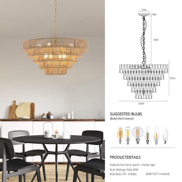 Bohemian 8-Light 5-Tier Brown Woven Rattan Round Chandelier for Living Room Kitchen Island with No Bulb Included