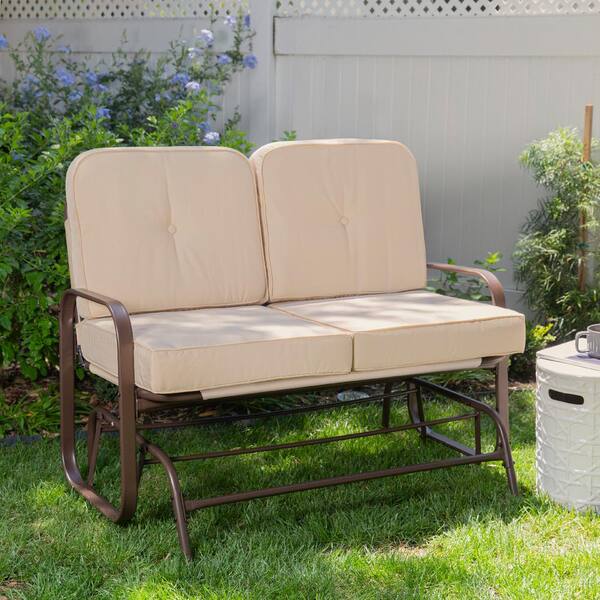 Barton 46 5 In W Loveseat Bench Brown Metal Outdoor Swing Beige Padded Cushion Base Patio Glider With Guard 93930 Barton 46 5 In W Loveseat Bench Brown, Big Lots Patio Bench Cushions