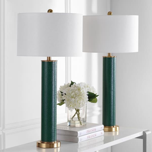 Ollie 31.5 in. Dark Green Faux Alligator Table Lamp with Off-White Shade (Set of 2)