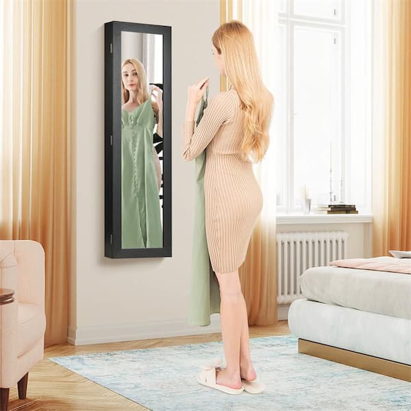 Rectangular Black Wood Mirrored Jewelry Cabinet Armoire Storage Organizer