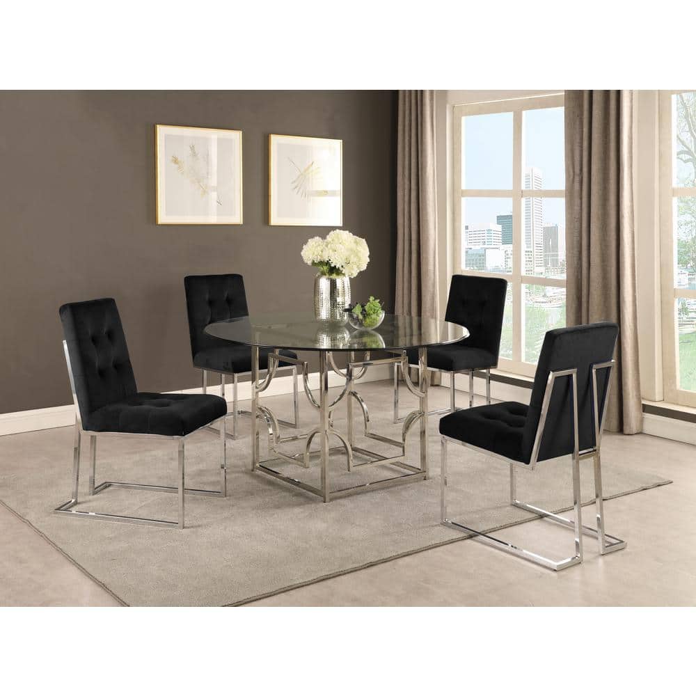 Elegant High-Back Black Velvet Side Chair with Silver Metal Frame
