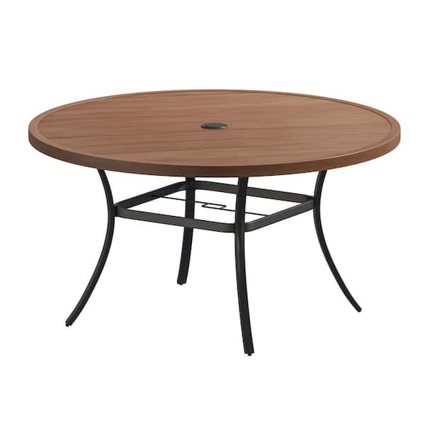 53 in. Walnut Round Patio Dining Table with Storage Shelf, All-Weather Metal Dining Table for Balcony