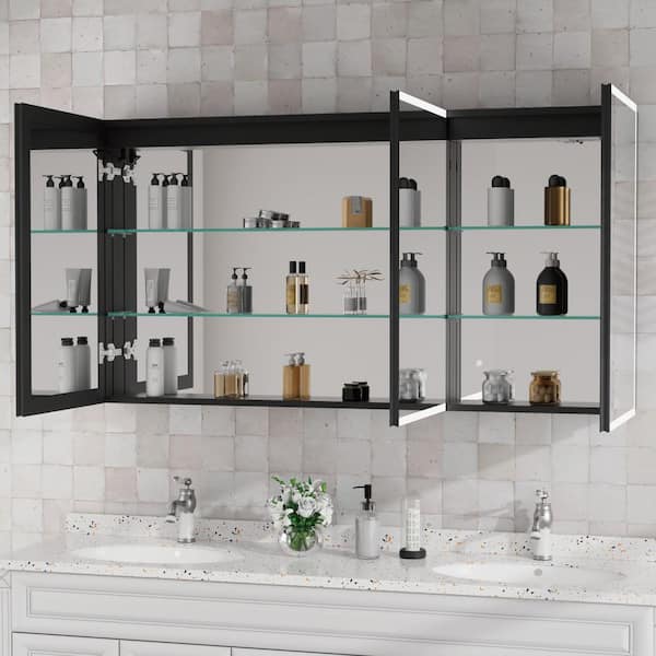 Flora 60 in. W x 32 in. H Rectangular Aluminum Black Recessed Medicine Cabinet with Mirror and Light