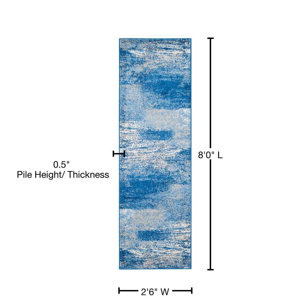 Silver and Blue Abstract Synthetic Runner Rug
