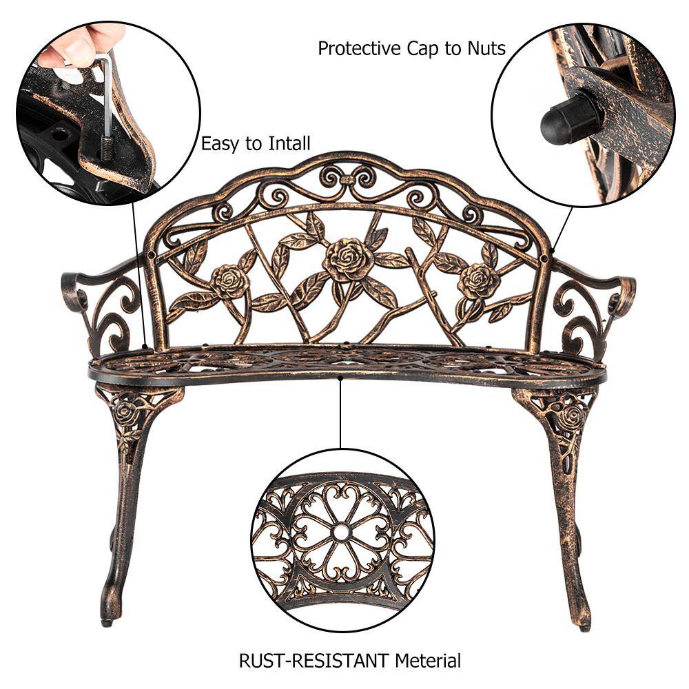 Bronze Cast Aluminum Outdoor Rose Garden Bench with Arms