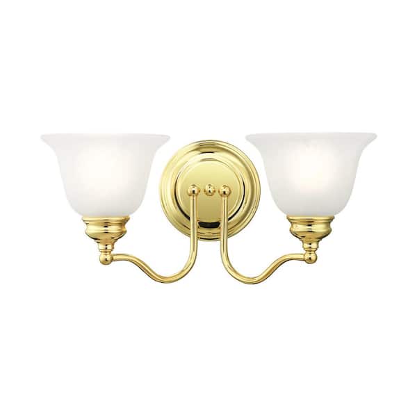 Livex Lighting Woodside 15.25 in. 2-Light Polished Brass Vanity Light with Alabaster Glass