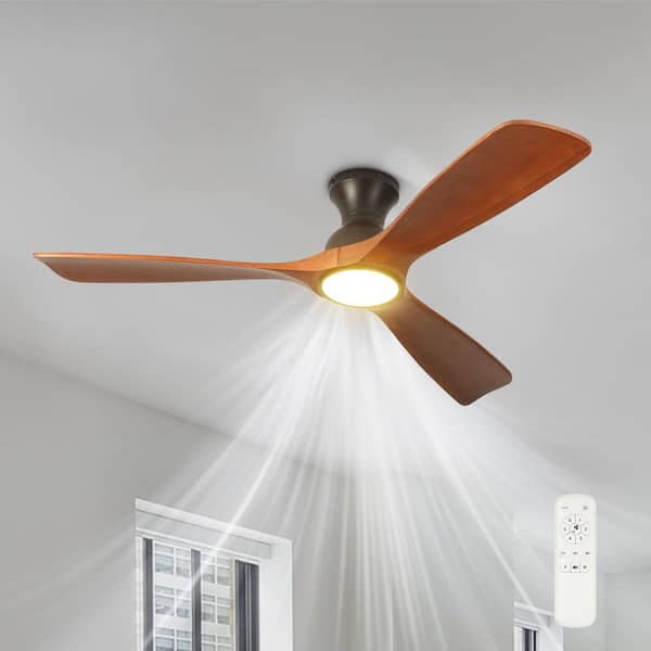 TOZING 52 in. Indoor Solid Red Wood Low Profile Semi Flush Mount Ceiling Fan Light with LED with Remote Control Thin Lampshade