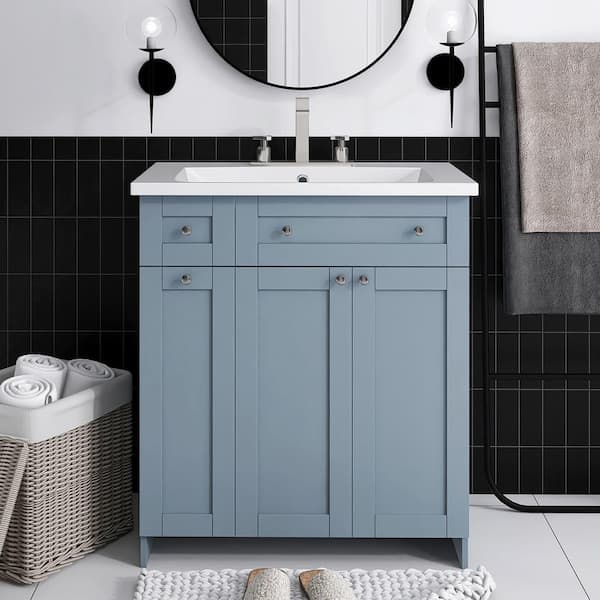 JimsMaison 30 in. W x 18 in. D x 34.5 in. H Single Sink Freestanding Bath Vanity in Blue with White Ceramic Top