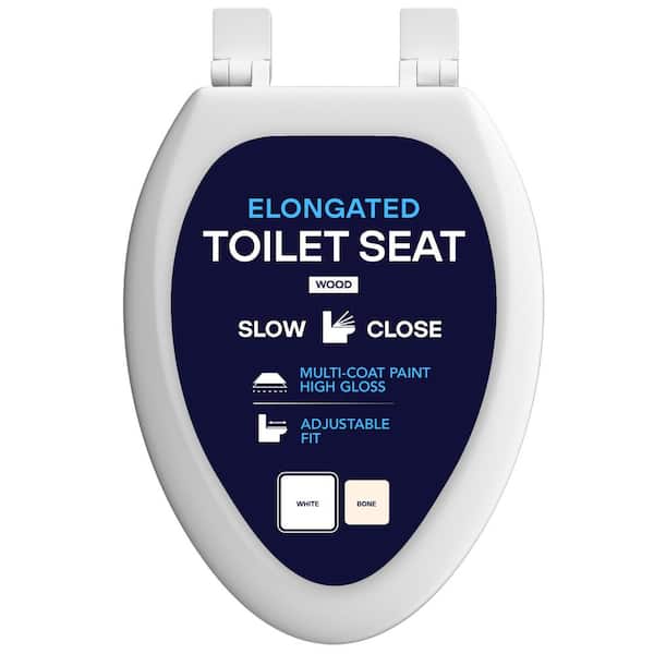 Elongated Slow-Close Toilet Seat with Adjustable Hinges in White Molded Wood, Standard Size Fit