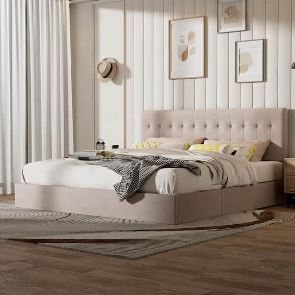 Light Khaki Beige Frame King Size Upholstered Platform Bed with Lift-up Storage Supported by Metal and Wooden Slats