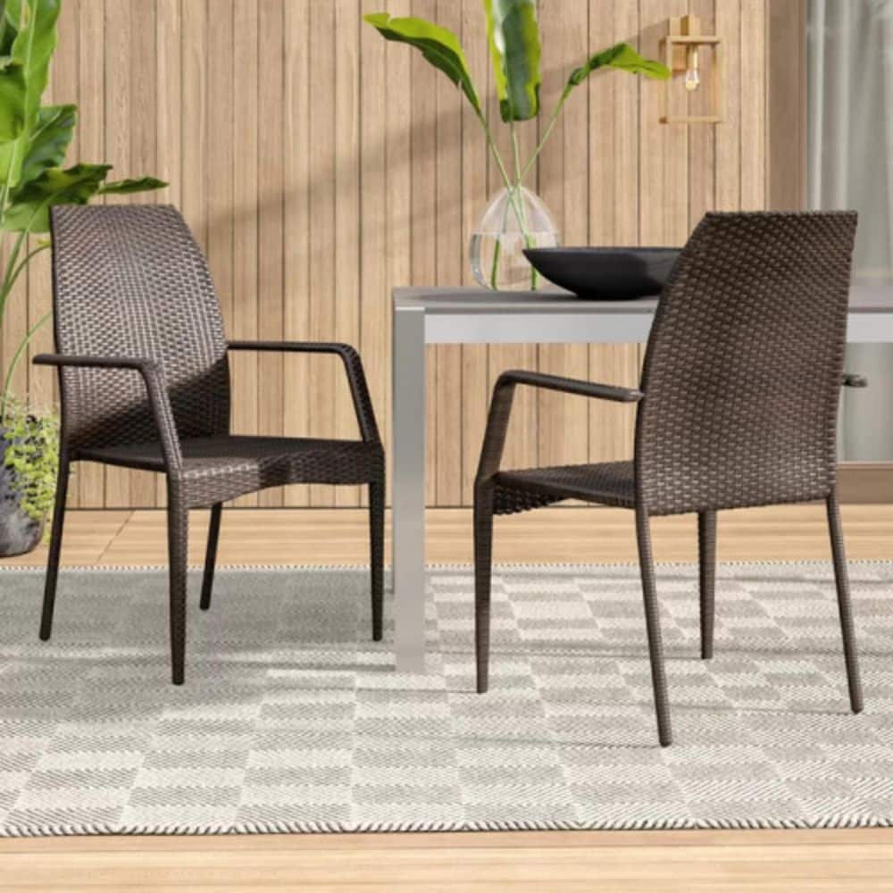 Elegant Brown Metal Outdoor Lounge PE Wicker Chairs (Set of 2), for Patio B