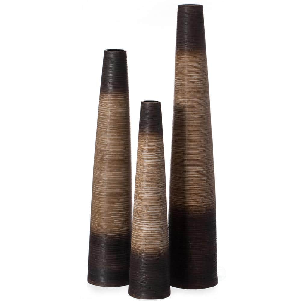 Set of 3 Tall Handcrafted Brown Ceramic Floor Vase - Waterproof Cylinder-Sh