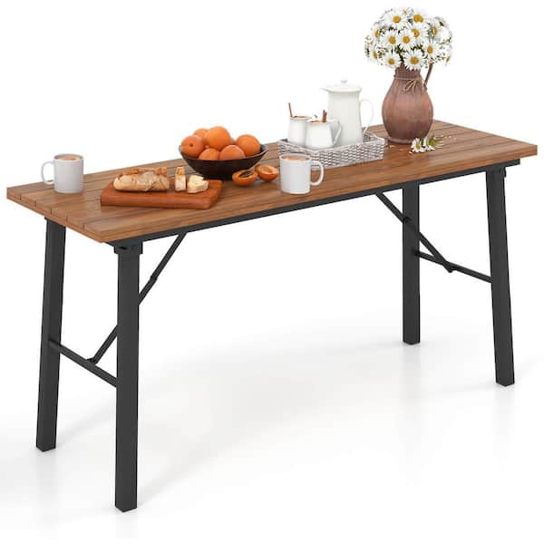 Patio Folding Picnic Table Acacia Wood Outdoor Dining Table with Metal Frame